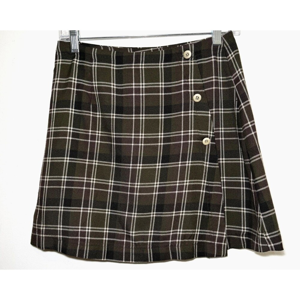 Y2K Vintage American Eagle Juniors 6 Olive Plaid Wrap Mini Skirt Windowpane